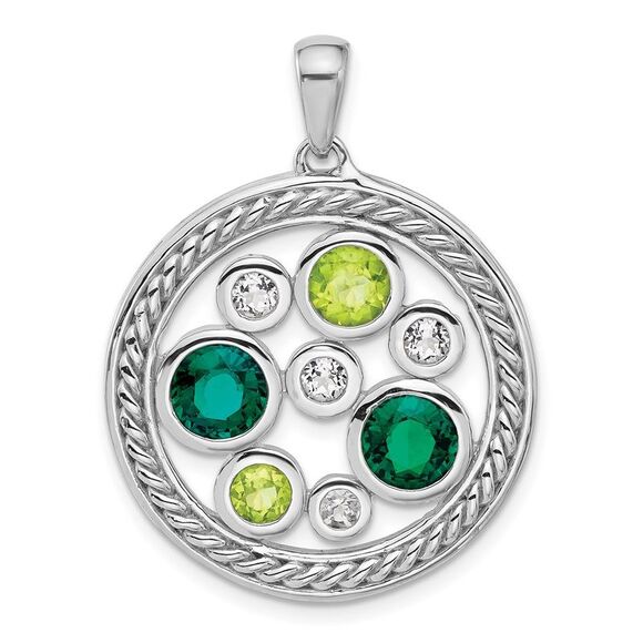 Kazi Luxury Silver Rhodium Cr. Emerald Peridot & White Topaz Circle Pendant